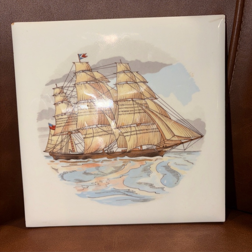vintage hand decorated Clipper ship tile trivet sailing McM nautical